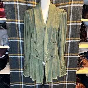 Free People Throwback Corduroy Jacket Lace Bell Sleeve Military Blazer Green.